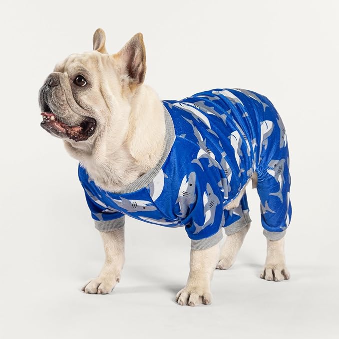 Fitwarm Shark Dog Pajamas, Dog Clothes for Small Dogs Girl Boy, Pet Onesie with Feet, Cat Outfit, Lightweight Velvet, Royal Blue, Medium