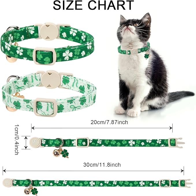 Cat Collar,2Pack St.Patrick's Day Cat Collars Cute Breakaway Kitty Collars,Spring Green Shamrock Cat Collar with Bell, Lucky Clover Kitten Collars with Safety Buckle for Girl & Boy Cats