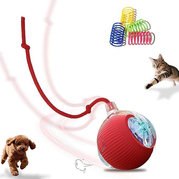 Interactive Cat Toys Ball for Indoor Cats＆Dogs,Automatic Cat Toy 360° Auto-Rotation Smart Obstacle Avoidance,Includes 4 Cat Spiral Spring,Cat Enrichment Toys for Indoor Cats (Red)
