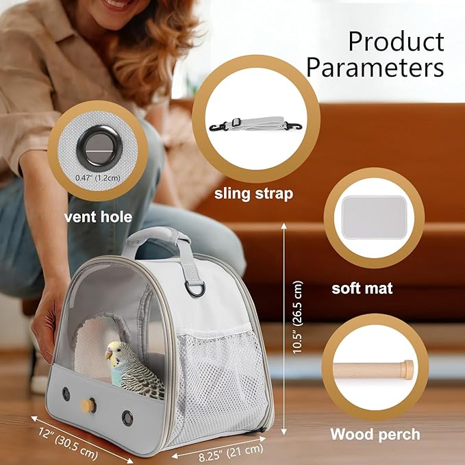 Bird Travel Carrier Cage, Portable Small Bird Parrot Parakeet Carrier with Standing Perch and Soft Mat, Side Access Window Collapsible Bird Carry Transport Bag for Vet Visit