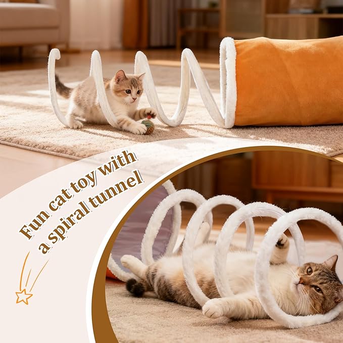 Ownpets 2-in-1 Cat Tunnel, Large Lollipop Shape Cat Tunnel Toy with Fluffy Balls, Spiral Toy, Plush Collapsible Cat Cave Hideout Donut Tunnel for Multi Kitten Puppy Rabbit (Orange)