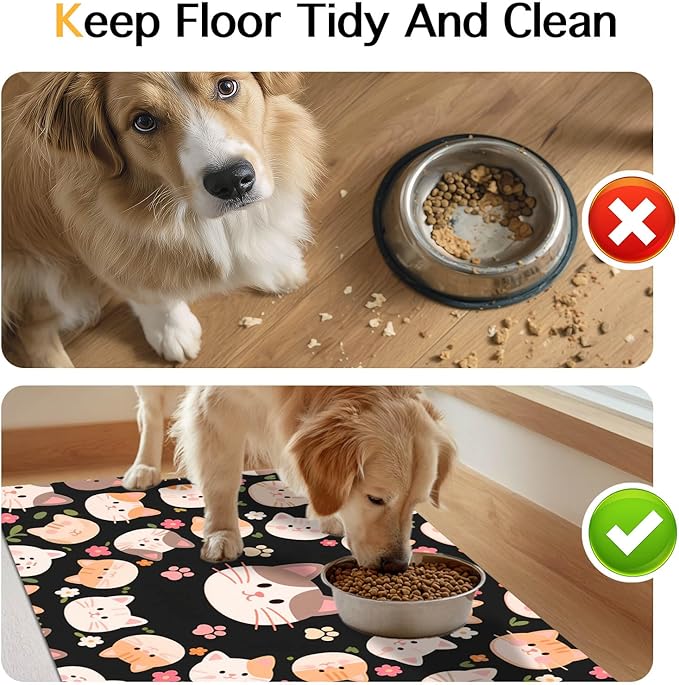 Cat Feeding Mat 24x16 inch Black Kitten Print Pet Bowl Placemat Non Slip Floor Mat for Food and Water Indoor Kitty Feeding Station Cute Meal Pad for Small Pets Kitchen Use