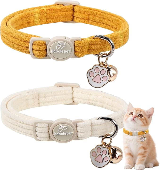2 Pack Corduroy Cat Collars - Cute Breakaway Cat Collar with Bell and Paw Pendant, Soft Adjustable Fall Winter Kitten Collars for Girl Boy Cats, Yellow&White