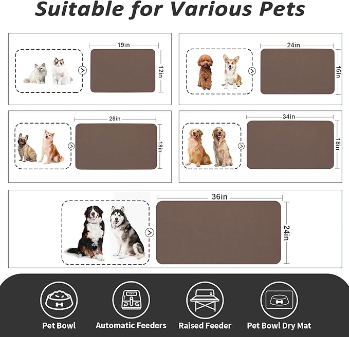 Dog Food Mat - Absorbent Cat Mat for Food and Water, No Stains Pet Feeding Bowl Mat, Easy to Clean Pet Placemats, Quick Dry Dog Water Dispenser Mat for Messy Drinkers | Brown 18"x34"