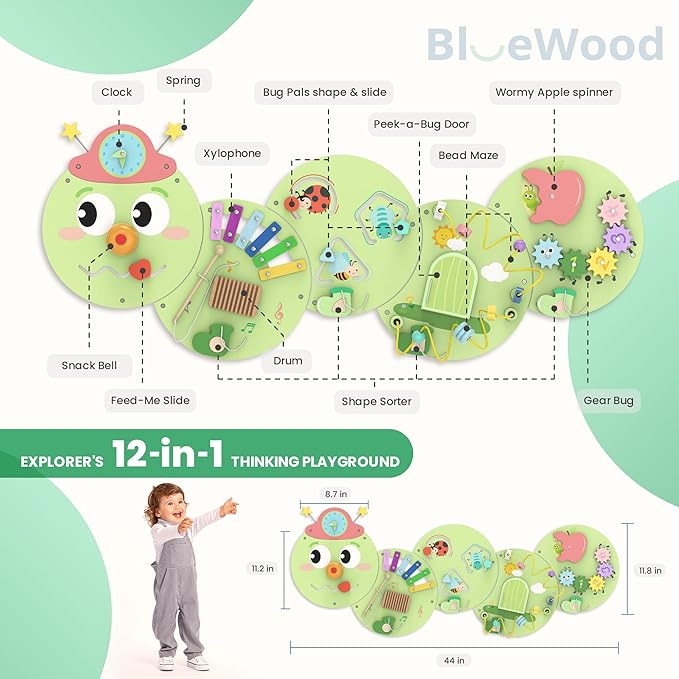 BlueWood Wooden Wall Busy Board Panels, Toddler Learning Activity Center, Montessori Philosophy Sensory, Educational Toys, Conducive to All-Round Development - Caterpillar