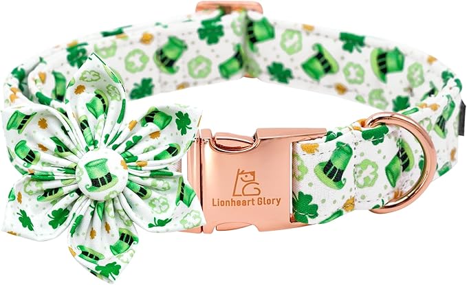 Lionheart glory St. Patrick's Day Dog Collar with Flower Dogs Collar,Soft Green Lucky Clover Shamrock Dog Collars Flower for X-Small Dogs Puppy Soft Collars Bows Heavy Duty