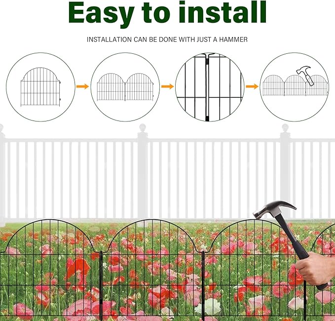 6 Panels No Dig Decorative Garden Fence, 25in (H) x 12.2ft (L) Animal Barrier Fencing for Dog, Easy Install Temporary Fence for Yard, Rustproof Wire Garden Border