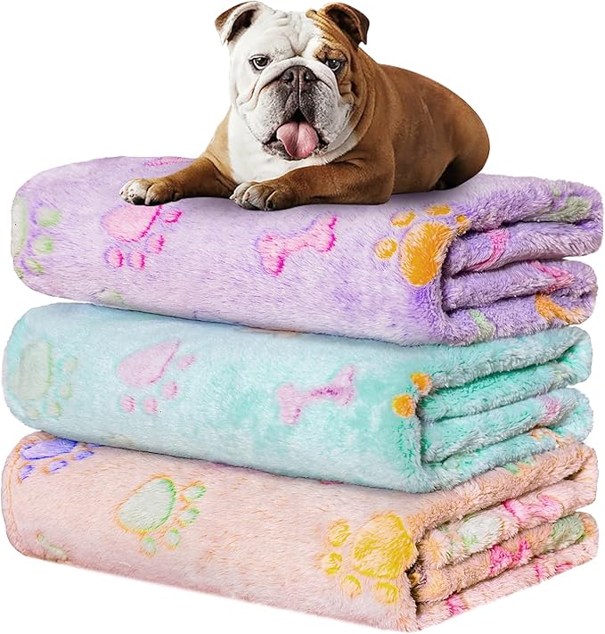 Rezutan Dog Blankets for 3 Pack Medium Blanket Cat Soft Fuzzy Blankets Washable,Soft Comfort Flannel,Pet Blanket,Reversible Dog Paw Print,30 x 20 inch,Purple/Green/Brown