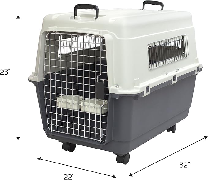 SportPet Airline Compliant LARGE 28.75" Travel Dog Kennel-Durable Plastic Airline Pet Carrier w/ Removable Wheels & Food Bowls, Collapsible Indoor/Outdoor Dog Kennel, Dogs up to 28"L & 20"H-Cream/Gray