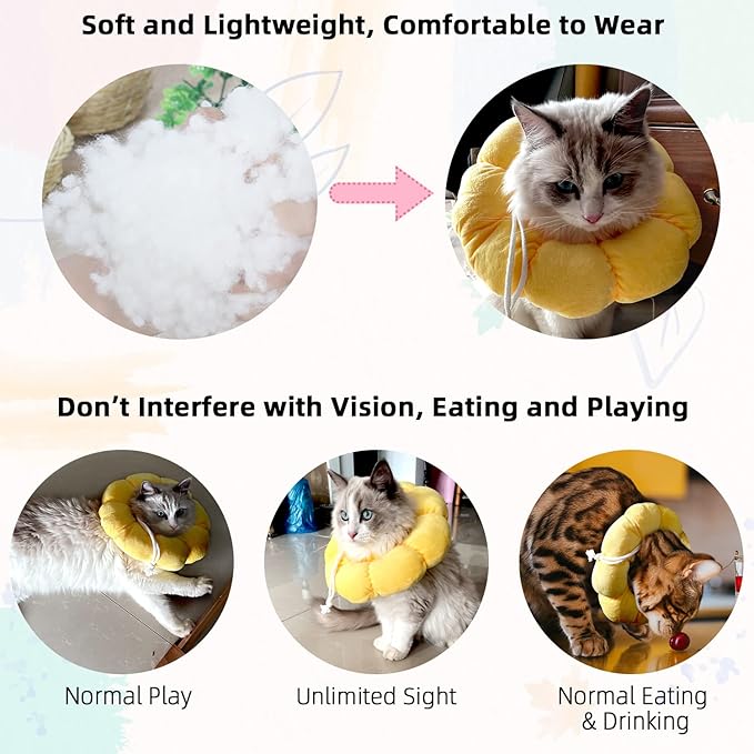 KUDES Cat Small Dog Recovery Collar, Cute Sunflower Neck Cone After Surgery, Adjustable Pet E Collar, Wound Healing Protective Cone Surgery Recovery Elizabethan Collars for Small Pets