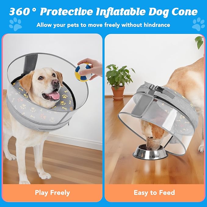 Inflatable Dog Cone with Anti-Licking Clear Shield, Protective Dog Donut Collar After Surgery, Adjustable Soft Recovery Cone for Pets, Alternative Collar with Buckle Strap (Grey Paw, S)