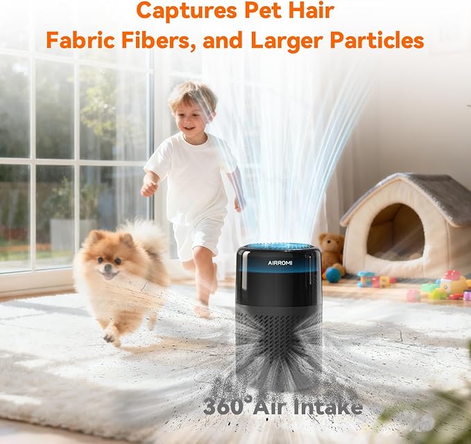 AIRROMI HEPA Air Purifier for Bedroom&Home,Pet Air Purifier for Home Pets,Removes Pet Odor,Cat Litter Smell,Dust,Smoke&Allergies,Quiet Room Air Purifier with Scents,360°Air Cleaner,A2005 Black