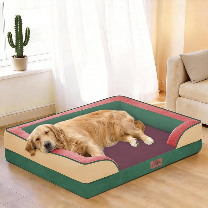 Comfort Expression Orthopedic Dog Bed for Extra Large Dogs 42x30 Inch, Waterproof Egg Crate Foam XL Pet Bed with Removable Bolsters, Dog Couch with Washable Cover & Non-Slip Bottom, Watermelon Meadow