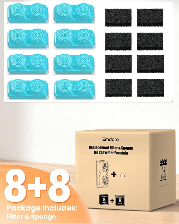 Official 8-Pack Replacement Filters and Sponges for 3.2L/108oz Stainless Steel Cat Water Fountain Cordless (4 Months Set)