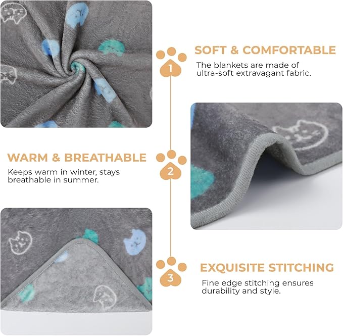 1 Pack 3 Blankets Super Soft Fluffy Premium Cute Cat Pattern Pet Blanket Flannel Throw for Dog Puppy Kitten Blue/Cyan/Grey Medium(30x20 inch)