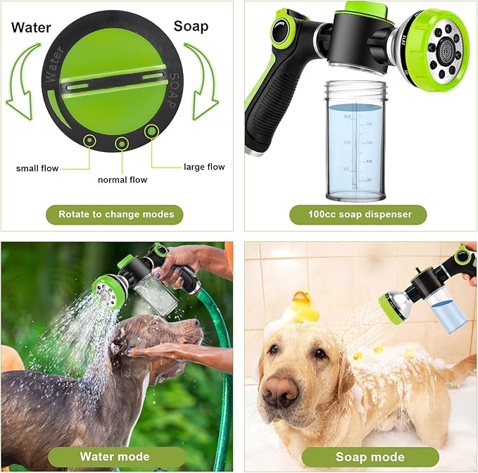 Dog Washing Hose Attachment - Dog Shower Attachment with 3-Way Diverter and 6.56FT Shower Hose, 8-in-1 Water Nozzle Soap Sprayer for Pet Bathing and Garden Nozzle, Pet Grooming Glove
