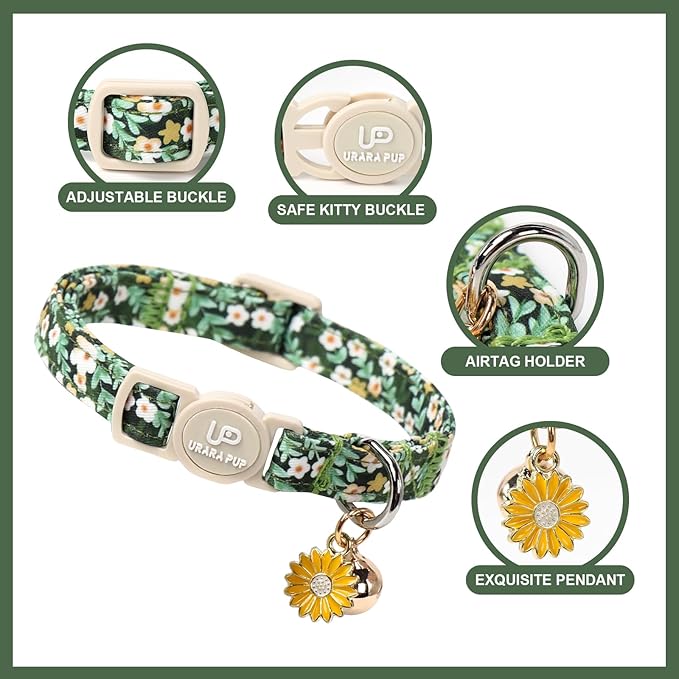 Cat Collar, 2Pack Flower Cats Collars-Cute Summer Breakaway Cat Collar with Bell & Pendant, Pretty Flower Kitten Collars with Safety Buckle for Girl & Boy Cats, 7-12Inch