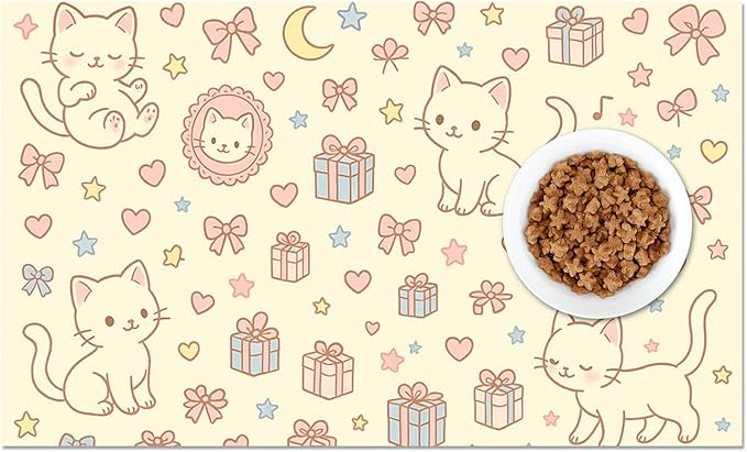 Cute Cat Pet Feeding Mat Adorable Kitten Food Placemat with Gift Bow and Star Print for Dogs and Cats Sweet Non Slip Mat for Dog Cat Food and Water Bowls Home Kitchen Decoration 20" x 12"
