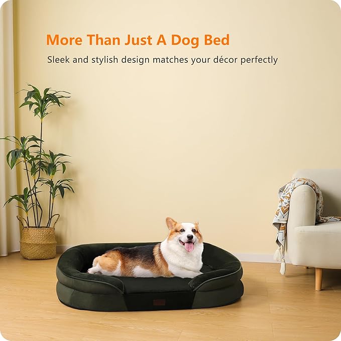 Dwanton Orthopedic Dog Bed for Medium Dogs with Gel Memory Foam, Waterproof Dog Sofa, Washable Pet Bed with Four Sided Bolster Cushion, Removable Cover & Non-Slip Bottom, 35", Green