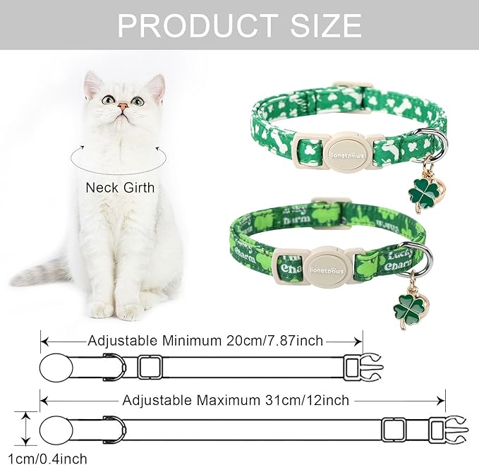 Lionet Paws 2pcs Pack St. Patrick Cotton Cat Collar,Breakaway Buckle with Clover and Bone Stick Cute Adjustable Green Cat Kitten Collar,Ideal for Girl Cats Boy Cats