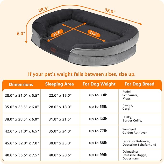Dwanton Orthopedic Dog Bed for Large Dogs with Gel Memory Foam, Waterproof Dog Sofa, Washable Pet Bed with Four Sided Bolster Cushion, Removable Cover & Non-Slip Bottom, 38", Dark Gray