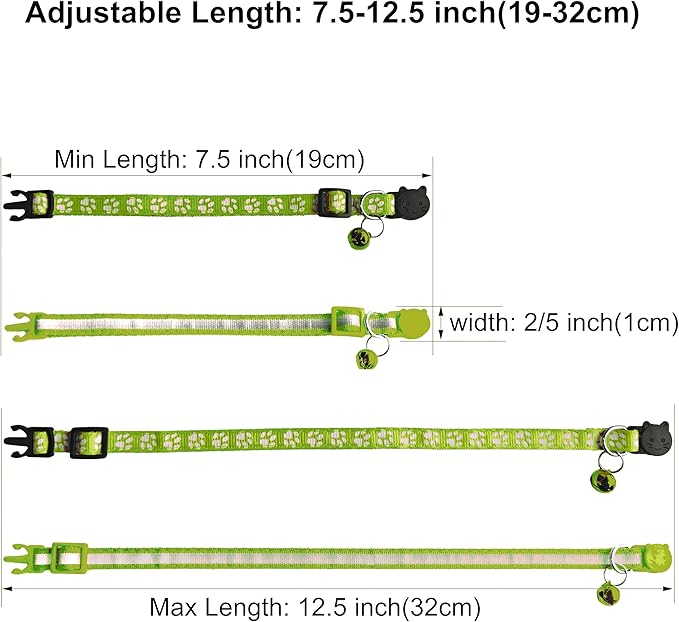 2 Pack Cat Collars - Reflective, Breakaway Design with Bells, Adjustable from 7.5 to 12.5 Inches, Ideal Kitten Collar for Both Girls & Boys (Fluorescent Green)