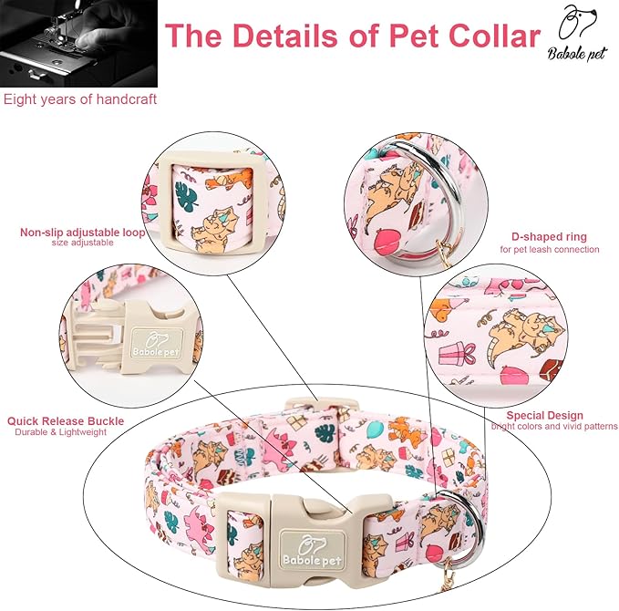 Cute Dinosaur Dog Collar, Adjustable Pink Dino Dog Collars for Giant Large Dogs, Lightweight Quick-Release Buckle Birthday Collar for Boy&Girl Dogs XL