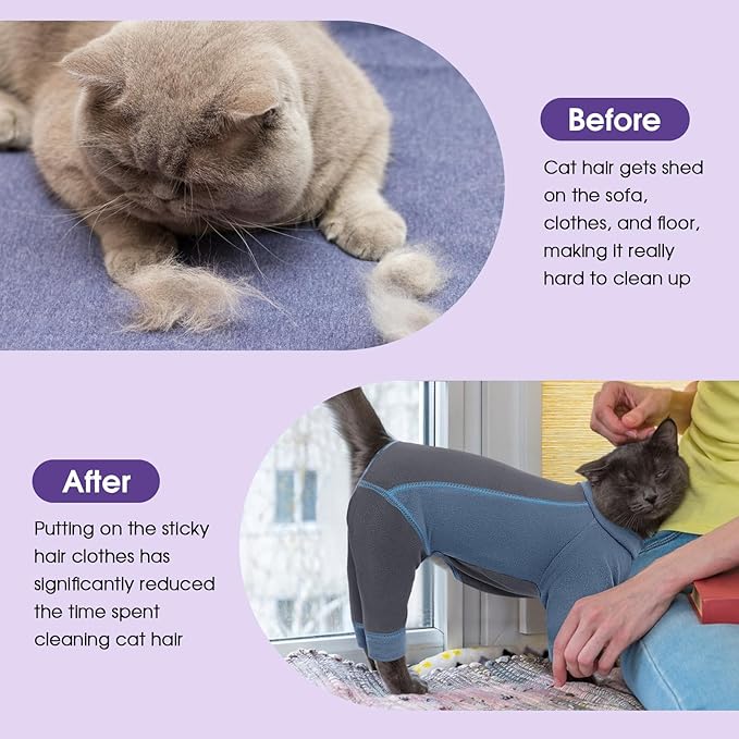 SUNFURA Hair Sticky Cat Clothes, Cat Sweater for Cats Only, 4-Legged Fleece Sweaters Kitten Pajamas Reduce Shedding Fur, Warm Pullover Shirts for Cats, Blue XL