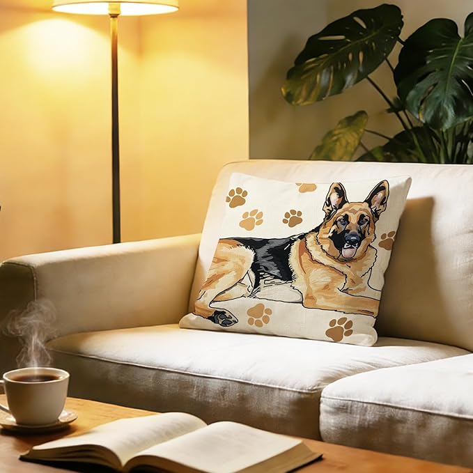 German Shepherd Dog Decorative Throw Pillow Cover 18 x 18, Cute Puppy Paw Prints Porch Outdoor Home Decor, Sofa Couch Cushion Case Pet Dog Owner Lover Gifts