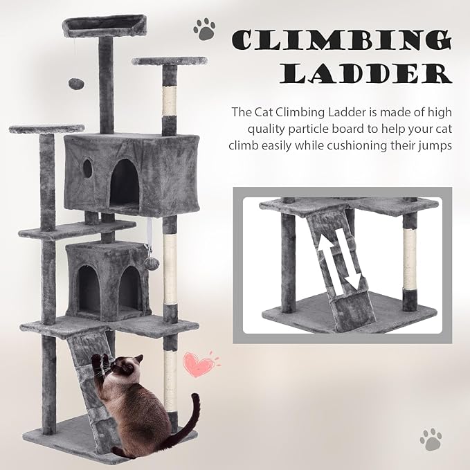 Heavy Duty Cat Tree Tower, 70" Tall Cat Tower for Indoor Cats with Cat Scratching Post with Bed, Cat Condo, Hanging Ball, Multi-Level Cat Climbing Tower Cat Trees Furniture Activity Center, Ashy