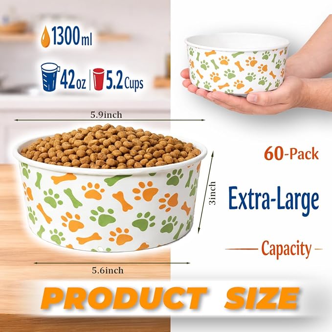 60 Pcs 42 oz/ 5.2 Cups Disposable Pet Bowls with Waterproof PE Coating, Heavy Duty Leakproof Bulk Dog Bowls with Printed Pattern for Multi-Dog Homes, Puppies, Travel, Camping & Pet Party