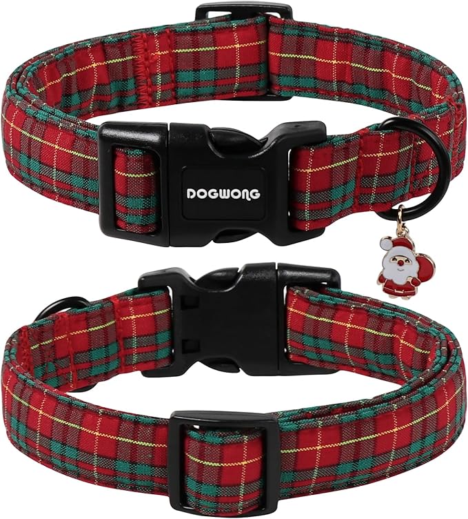 DOGWONG Christmas Plaid Dog Collar- Adjustable Red Tartan Collar, Scottish Red Grid Dog Collar with Strong Plastic Buckle for Small Medium Large Dogs,M