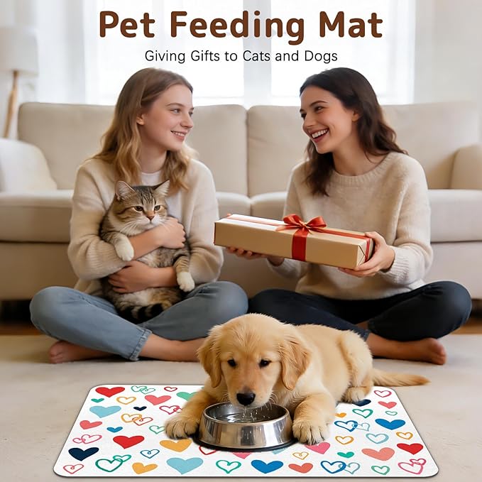 Dog Food Mat for Bowls, Absorbent Quick Dry Dog Cat Mats for Food and Water, Non-Slip Backing Pet Mat Pet Supplies - Heart Pattern