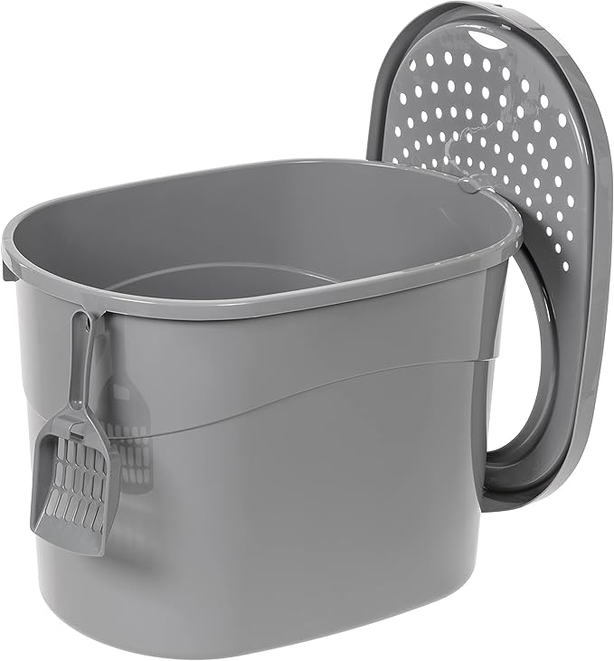 Amazon Basics Large Cat Litter Box with High Sides, Top Entry, Odor Control, Includes Scoop, 20.5 x 14.75 x 14.38 inches, Grey
