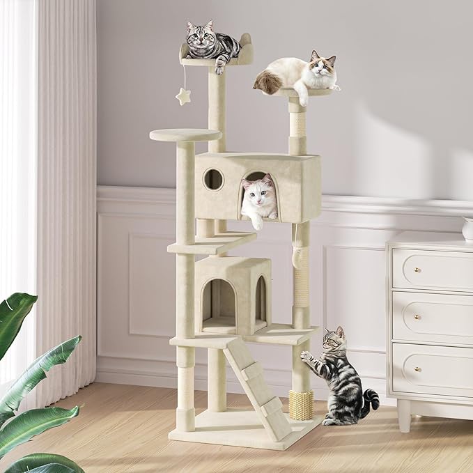 MoNiBloom 77 Inch Cat Tree Tower for Indoor Cats Large Adults, Tall Cat Tower with Scratching Post, Multi-Level Furniture Activity Center with Cat Condo Pet Play House, Beige