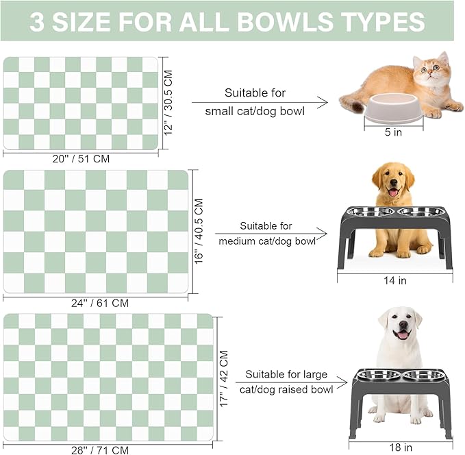 Pet Feeding Mat, 16"x 24" Absorbent Dog Food Mat, Checkered Cat Bowl Mats, Easy to Clean Pet Placemats, Quick Dry Dog Water Dispenser Mats for Messy Drinkers, Green & White