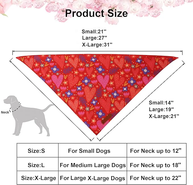 ADOGGYGO Valentines Dog Bandana 2 Pack, Heart and Floral Print Puppy Scarf Bib, Adjustable Fit Red Pink Valentines Bandanas for Small Dogs Pets (Small)