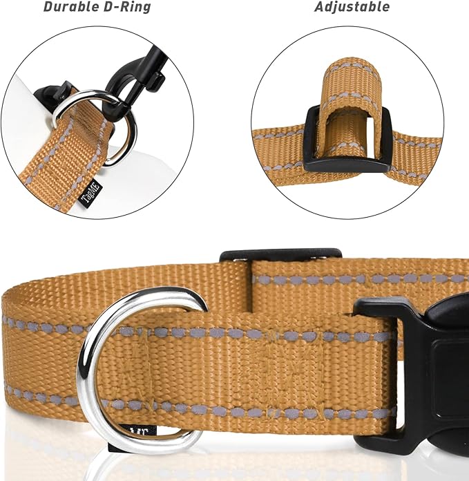 TagME Reflective Nylon Dog Collars, Adjustable Classic Collar with Quick Release Buckle for Extra Large Dogs, Khaki, 1¼" Width