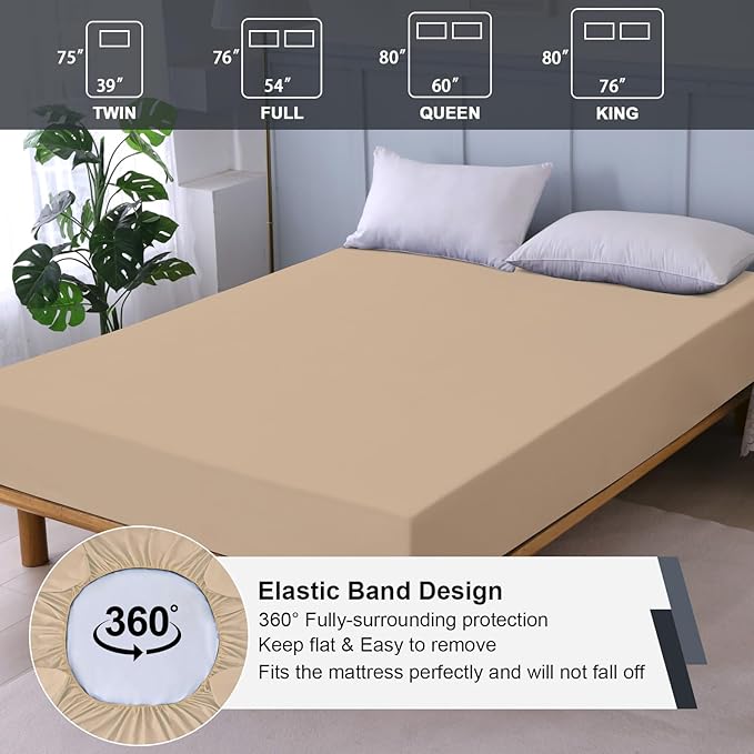 ohano Waterproof Mattress Protector Full, Fitted Sheet Style Breathable Mattress Cover with Deep Pocket Up to 18'', Noiseless Bed Cover for Kids Adults Pets, Machine Washable(Light Tan, 54'' X 76'')