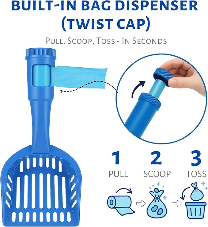 2-in-1 Pooper Scooper with Bag Attachment, Cat Litter Shovel Scoop with Bag, Built-in Dispenser, Includes Trash Roll, Rinse-Clean, Anti-Stick, Smart Sifter, Long Handle (Blue)