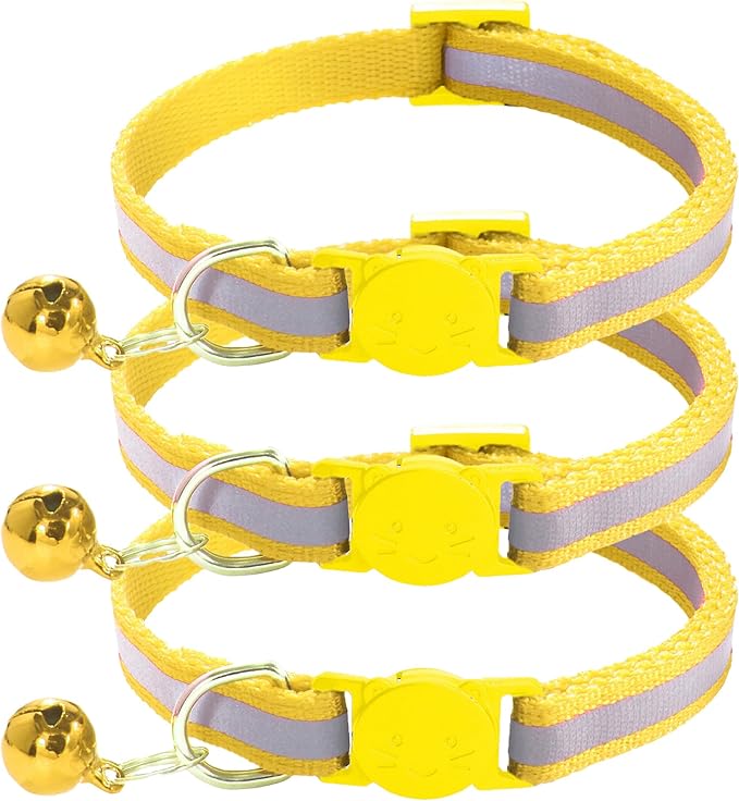 3 Pack Reflective and Breakaway Cat Collars with Bells，Adjustable Kitten Collars from 7.5 to 12.5 Inches, Ideal of Kitten Collar, Suitable for Girls and Boys (Yellow)