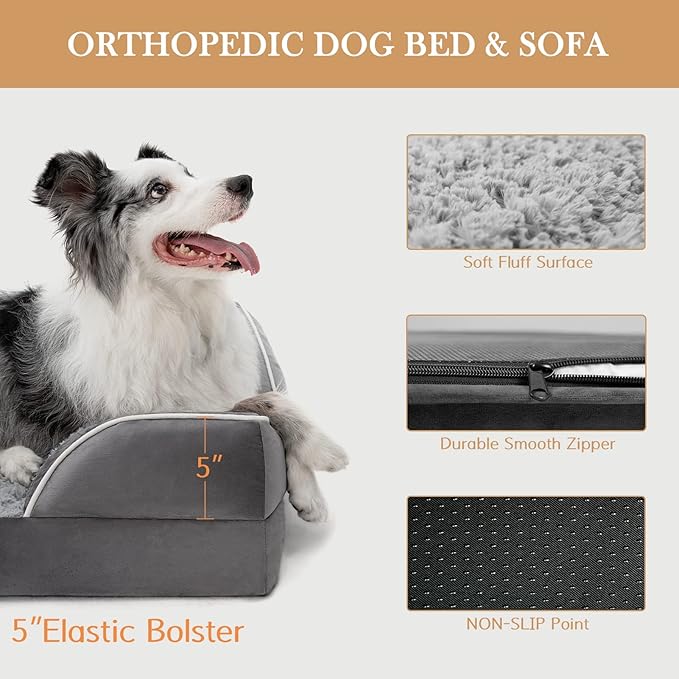 Comfort Expression Orthopedic Dog Bed for Large Dogs 36x27 Inch, Waterproof Supportive Egg Crate Foam Large Pet Bed with Removable Bolsters, Dog Couch with Washable Cover & Non-Slip Bottom, Grey