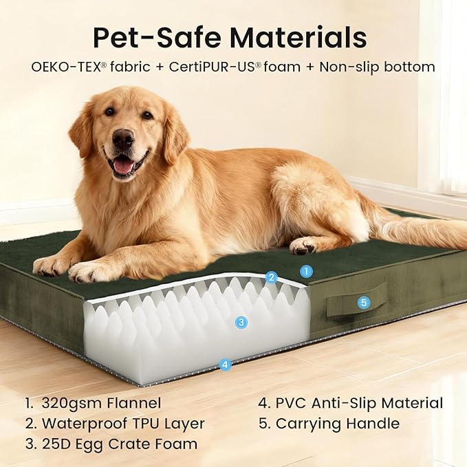 OhGeni Orthopedic Waterproof Dog Bed for Large Dogs, Machine-Washable Removable Cover in Easy-Clean Fabric, High Density Foam & Easy-Carry Handle, Suitable for Crate, 41 inch (Green)