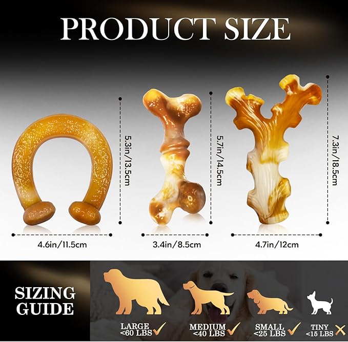 Heavy Duty Chew Toys 3 Pack for Aggressive Chewers - Dog Toys for Large Dogs, Teeth Cleaning & Boredom Relief, Long-Lasting Mental Stimulation Puppy Chews