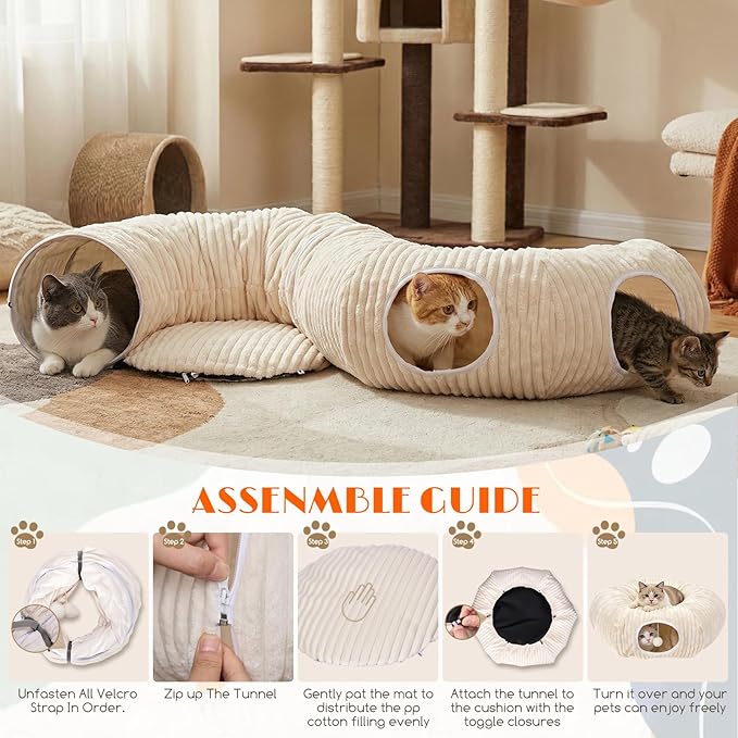 Cat Tunnel for Indoor Cats - Collapsible Foldable Play Tunnel with Cat Toys for Kittens & Rabbits, Fun Interactive Pet Toys for Enrichment & Hiding, Large Durable Crawl Tube for Playtime and Exercise