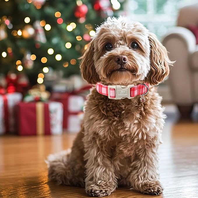 Plaid Dog Collar - Cute Red and Pink Plaid Puppy Collar with Safety Buckle, Soft Adjustable Holiday Dog Collars for Small Medium Large Dogs M
