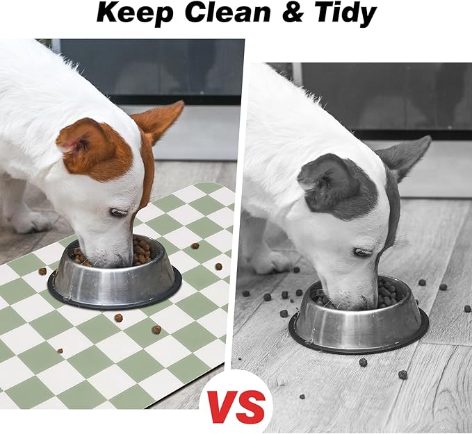 Checkered Dog Food Mat, Absorbent Leak-Proof Pet Feeding Mat, Quick Dry Cat Food Mat for Messy Drinkers 16" x 24" Green