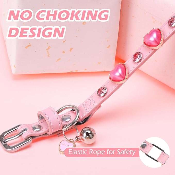 EXPAWLORER Valentine's Day Leather Cat Collar for Girl Boy- Adjustable Pet Collar with Safety Elastic Belt,Personalized Rhinestone Accessories Buckle Collars with Bell & Durable D-Ring,Heart (Pink)