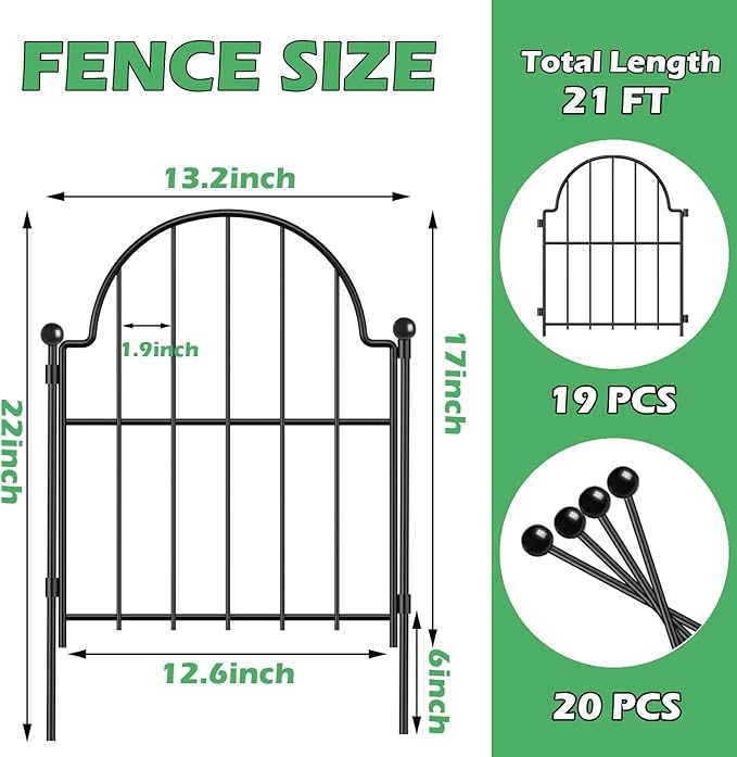 Garden Fence, 17 in(H) x 21 ft(L) Arched Rustproof Metal No Dig Fence Garden Fence Border, Ground Stake Animal Barrier Fence for Rabbit Dog, Outdoor Landscape Decor for Yard & Patio,19 Pack