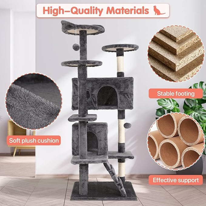 54in Cat Tree Cat Climbing Tower with Scratching Post, Cats House Perch Kitten Tree Condo Wood Playhouse, Pet Trees Tower for Indoor Cats, ASHY